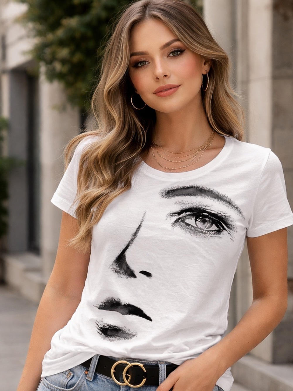 New York & Company Trendy White Tee with Black Face Graphic - Large